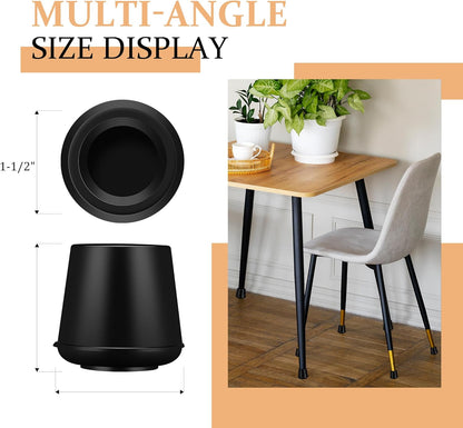 1-1/2” Round Rubber Chair Leg Tips Caps, Chair Leg Floor Protectors Furniture Legs Caps Non Slip Reduce Noise for Hardwood Floors (Black, 4 Pack, Fit :38-39mm)