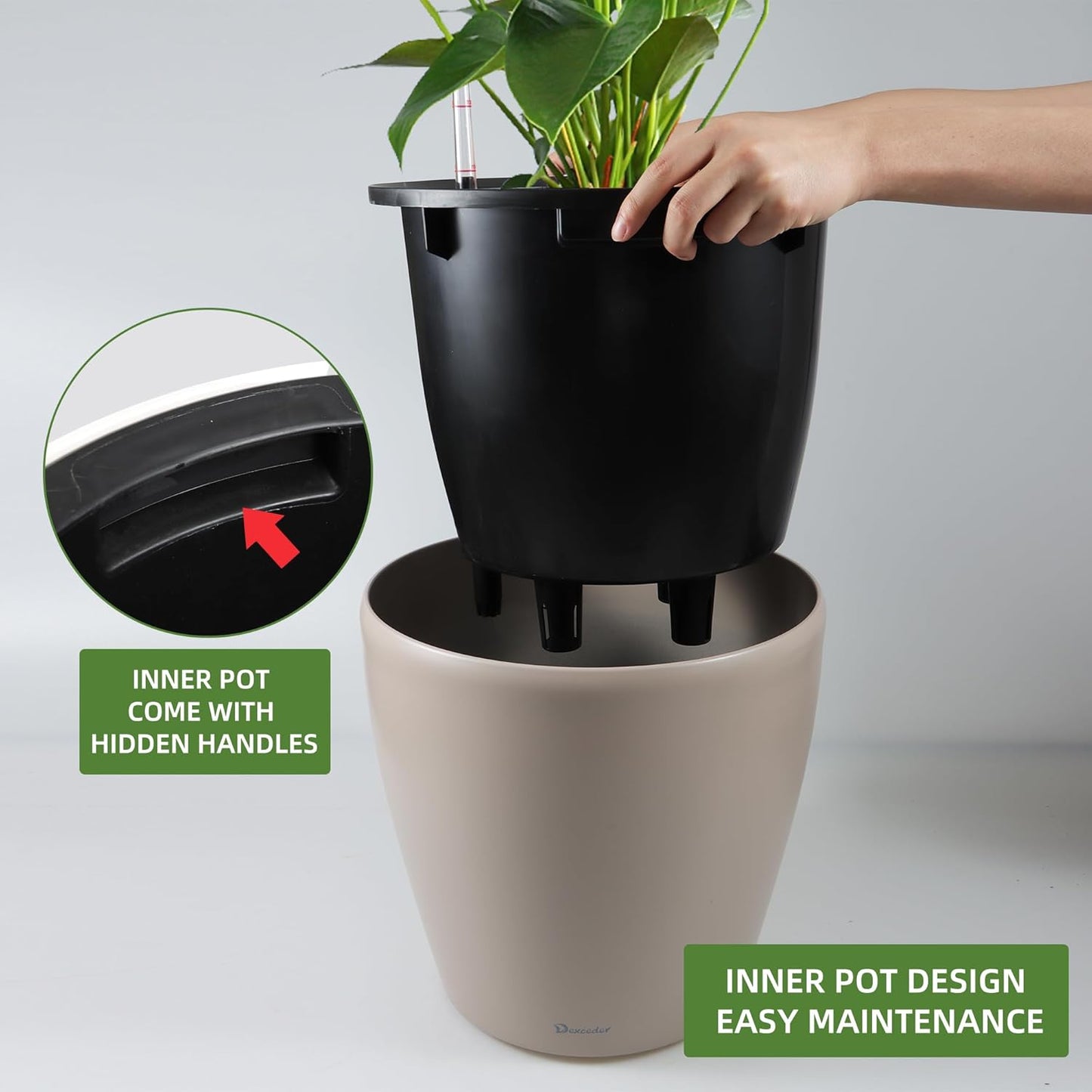 Dexceder 15x14 Self Watering Planter with Wheels Indoor Outdoor, Inner Pot Design, Thickened Large Floor Standing Flower Plant Pot with Water Level Indicator (Taupe Matte)