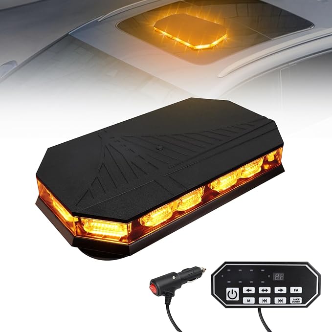 14 Inch 20 Modes 102LED Rooftop Magnetic Strobe Lights, Emergency Traffic Warning Flashing Beacon Light Bar with Controller for Trucks, Cars, Vehicles and Snowplows, Amber/White