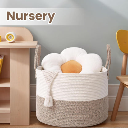 Woven Blanket Basket,65L Large Rope Storage Bin with Handles, Organizer for Blankets Toys Book and Clothes, Laundry Basket for Living Room Bedroom Nursery,White&Brown