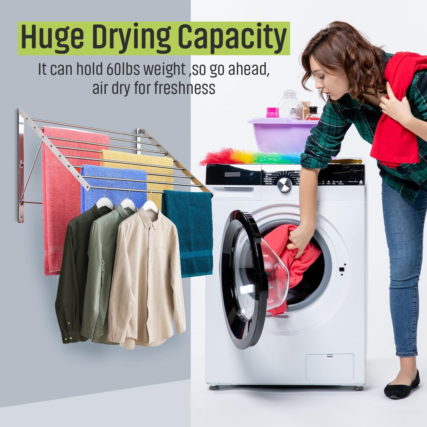 Smartsome | Wall Mounted | Clothes Drying Rack| 22" Wide |15 Linear Feet Capacity | 8 Smooth Round Stainless Steel Rods | 60 lb Capacity | Fully Assembled | Compact Sturdy Space-Saving Design