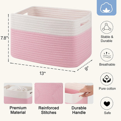 4 Pack Storage Baskets for Organizing, Woven Baskets for Shelves - Perfect for Toys, Books, Towels, and Clothes, Durable Gift Basket Bins Toy Storage, 12.7''Lx9''Wx7.8''H, Pink & White