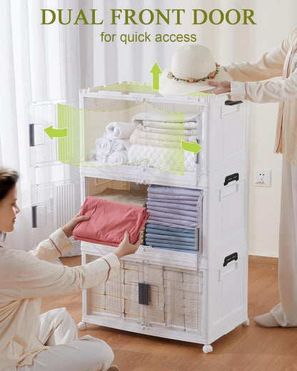 OlarHike 76QT Lockable Storage Bins with Lids - Folding Storage box with Doors and Wheels, Collapsible Plastic Storage Bins for Closets, Stackable Storage Organizer, Storage Containers, 3 Pack Cubes