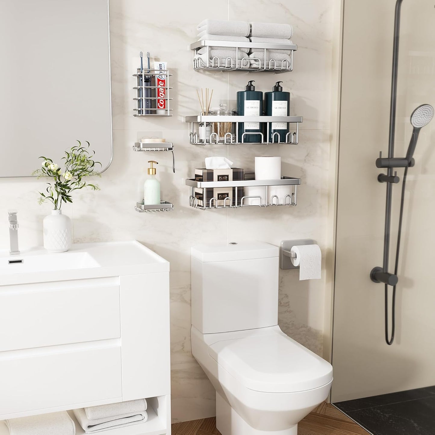 Veken Shower Caddy 6-Pack, Family Choice Award Winner, Large Wall Mounted Shower Rack, Bathroom Shelves Over Toilet, Organizer Storage Accessories with Soap Dish&Toothbrush Holder