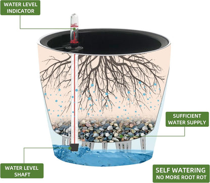 Dexceder 11x10 Inches High Gloss Self Watering Planter Indoor Outdoor, Inner Pot Design, Thickened Table Flower Plant Pot with Water Level Indicator (Red)