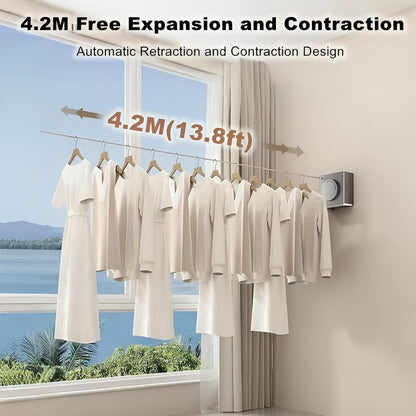 13.8ft(4.2M) Retractable Clothesline, Non-sag Clothesline, Indoor & Outdoor Heavy Duty Retractable Clothesline, Wall Mounted Stainless Steel Washing Line (Black)