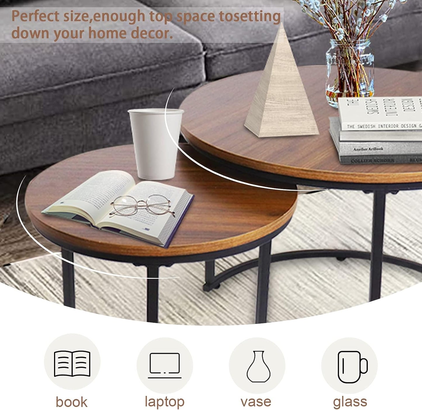 aboxoo Coffee Table Nesting Side Round Set of 2 End Table Top Sturdy Metal Frame Desk Centerpiece Living Room Bedroom Apartment Modern Industrial Simple Nightstand