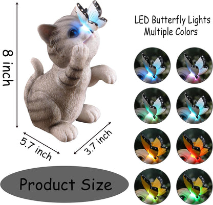 Solar Cat Outdoor Figurines Garden Decor with Butterfly Cat Statue Light for Lawn Ornaments Porch Patio Balcony Yard Decorations Outdoor Birthday Gifts for Women Grandma Mother’s Day