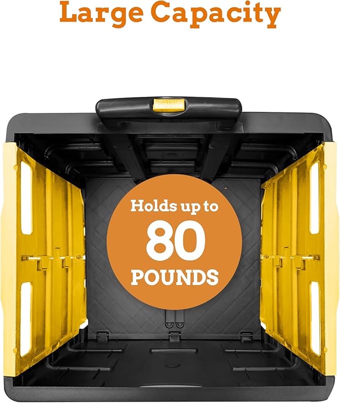 Inspired Living Ultra-Slim Rolling Collapsible Storage Pack-N-Roll Utility-carts, with Telescopic Handle, for Home, Garden, Shopping, Office, School use, Large, Yellow & Black