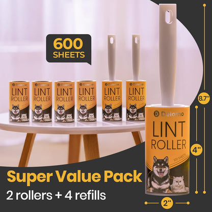 DELOMO Lint Roller 600 Sheets (2 Rollers + 4 Refills) - Lint Rollers for Pet Hair Extra Sticky, Mega Value Pet Hair Removal Tool for Clothes/Couch/Furniture/Car - Keep Your Home Tidy