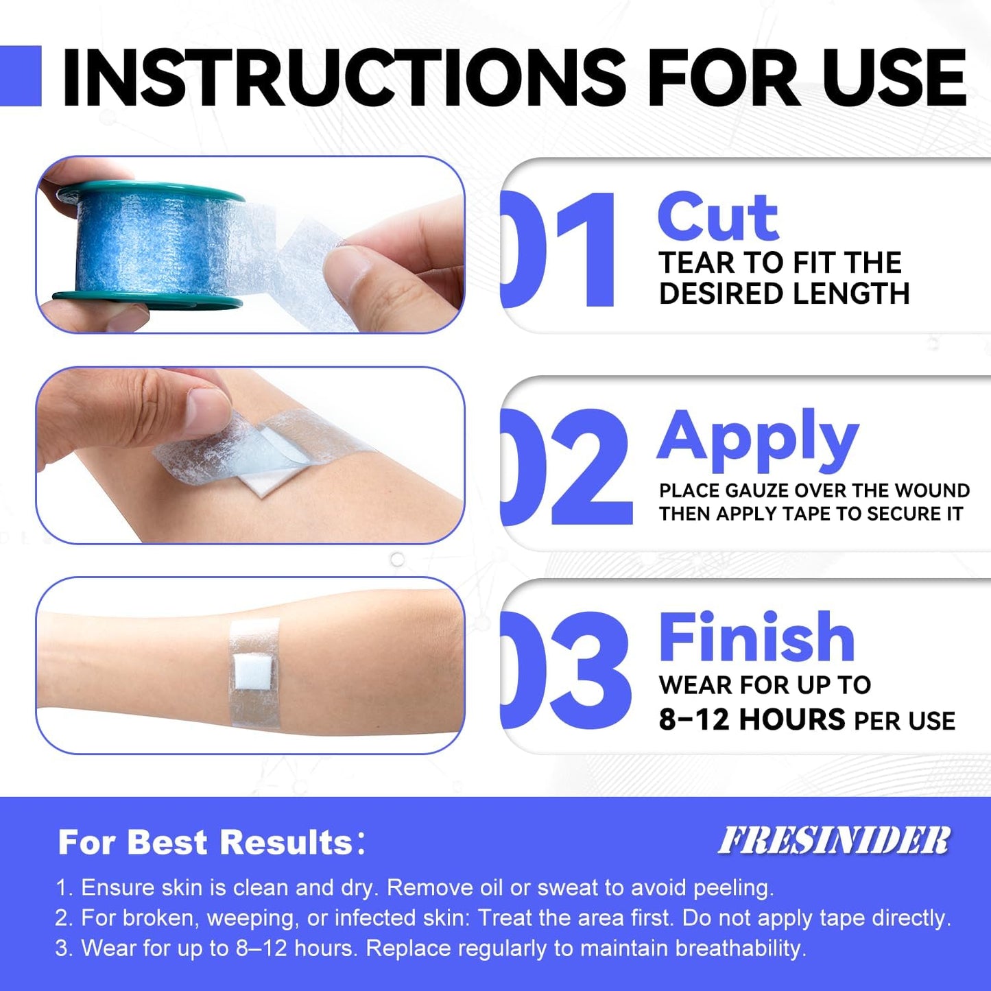 FRESINIDER Silicone Medical Tape – 1" x 1.5 Yard Blue 2 Rolls, Pre-Cut, Waterproof & Repositionable, Pain-Free Removal, Hypoallergenic Adhesive for Sensitive Skin, Wound Care & First Aid Use