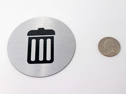 Metal Trash & Recycling Signs | Garbage & Recycling Bin Marker | Set of 2 - 1 Black Trash Sign & 1 Green Recycle Sign | 3" Round, Brushed Silver Aluminum Signs | Made in USA