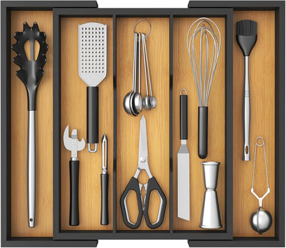 Lifewit Utensil Organizer for Kitchen Drawer, Bamboo Cooking Utensil Tray, Expandable Cutlery Silverware Flatware Holder, Adjustable Spatula Tools Gadgets Storage Divider, Large, Natural and Black