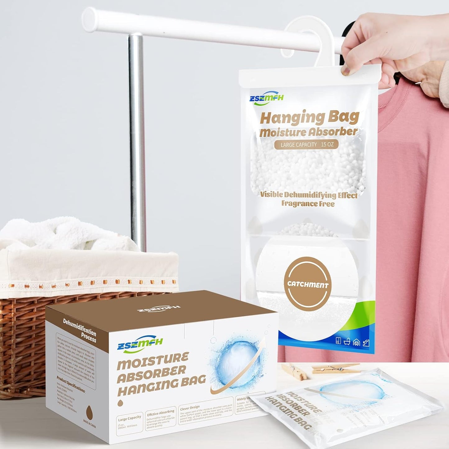 ZSZMFH 8 Pack Moisture Absorber Hanging Bags, Fragrance Free Humidity Packs, 15 OZ Dehumidifier Bags Effectively Trap Extra Moisture,Hanging Closet Dehumidifier Bags-425g/pack