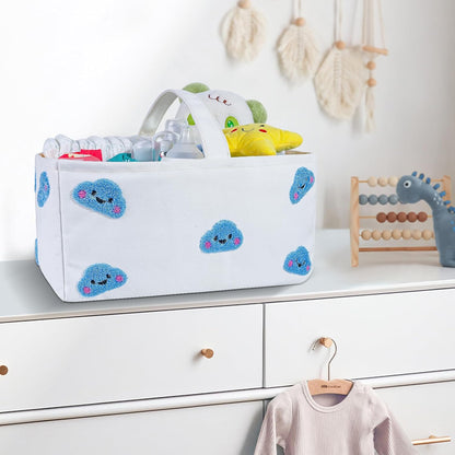 Baby Diaper Caddy Organizer with Handle - Durable Canvas Storage Basket with Cloud Embroidery, Portable Nursery Organizer for Newborn Essentials, Diaper Travel Bag, Baby Shower Basket-Blue