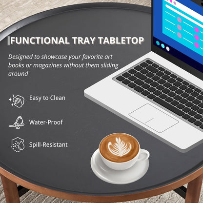 HEAH-YO Round Nesting Coffee Table Set of 2, Wood Tray Top Accent Table with Walnut Wrapped Metal Legs, Industrial & Farmhouse Side Table for Living Room/Office Reception, Black