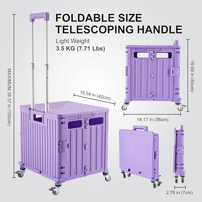 Foldable Utility Cart Folding Portable Rolling Crate Handcart with Durable Heavy Duty Plastic Telescoping Handle Collapsible 4 Rotate Wheels for Travel Shopping Moving Luggage Office Use (Purple)