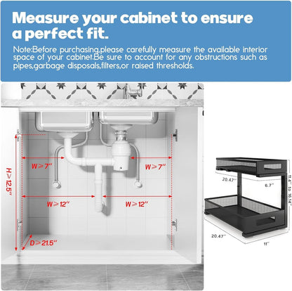 2 Pack 20.47IN Depth Under Sink Storage Organizer, Large 2-Tier Elegant Mesh Pull Out Shelf for Kitchen and Bathroom Cabinet Organization, L-Shaped and Adjustable Height Design-Black