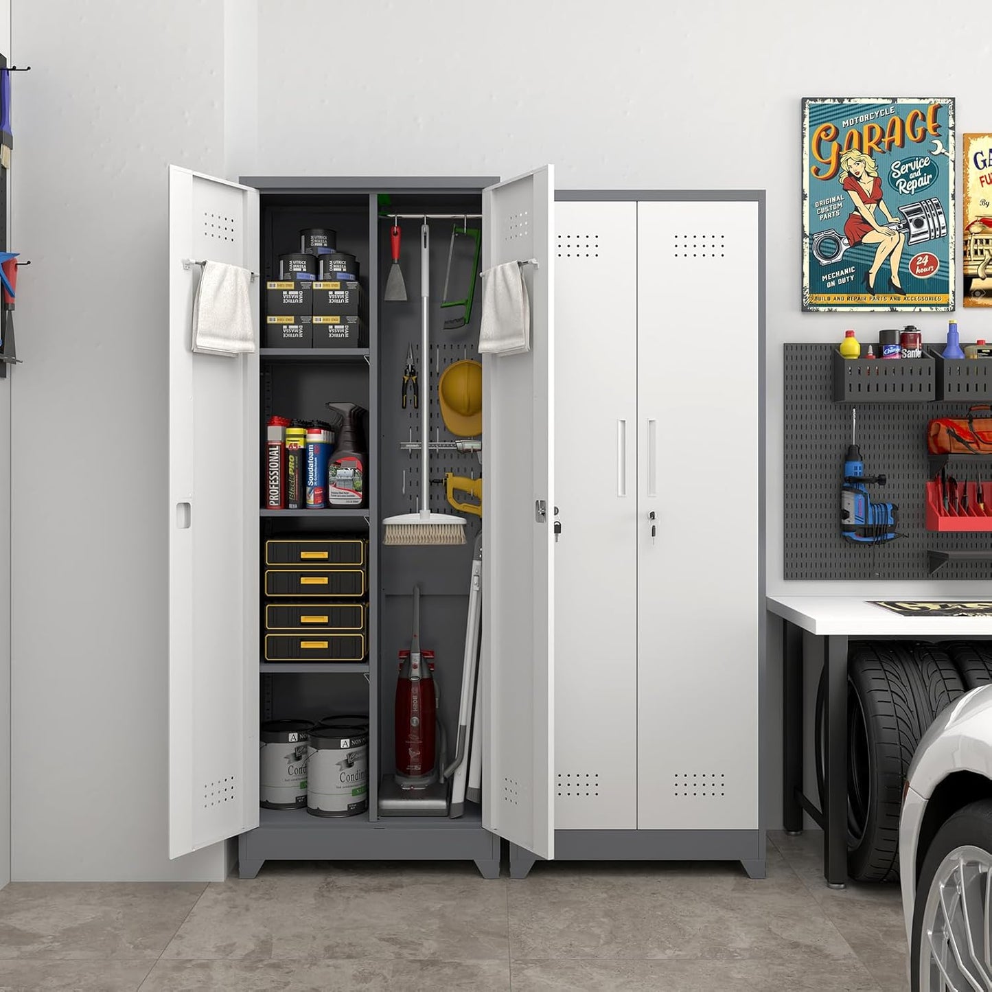 Locking Cabinet,Metal Storage Cabinet with Doors and Shelves,Broom Closet Storage Cabinets for Bedroom,Home Office,Grey-White