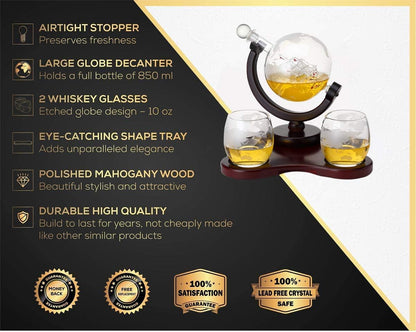 Whiskey Globe Decanter Set with 2 Glasses in Gift Box - Whiskey decanter for Liquor, Whiskey, Brandy, Gin, Rum, Tequila, Vodka, and Brandy - Home Bar Accessories for Men and Women