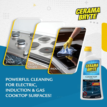Cerama Bryte Glass Cooktop and Stove Top Cleaner Combo Kit - Includes Cleaning Tool, Razor, Scraper and 1 Pad to Remove Tough Stains - Use on Gas, Electric, Ceramic Surfaces, 18 Ounces, 4 Piece
