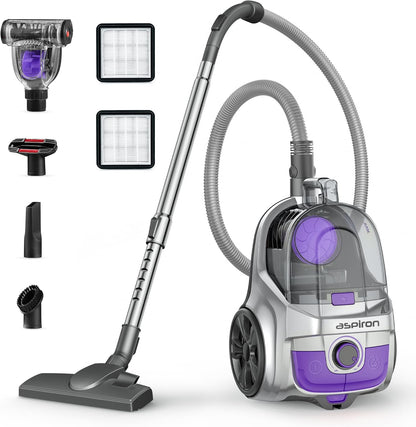 Aspiron Canister Vacuum, Upgraded 1600W Bagless Canister Vacuum Cleaner, Auto Cord Rewind, H13 HEPA Filter, 3.7Qt Large Capacity, 5 Tools for Hard Floors, Carpet, Pet, Upholstery, Tiles, Car, Lavender