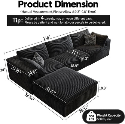 118" Cloud Couch Modular Sectional Sofa for Living Room,Modern Sofa with Deep Seat，L-Shape Boneless Couch with Ottoman,Comfy Upholstered Corduroy Couches for Apartment, Studio, Office,Bedroom，Black