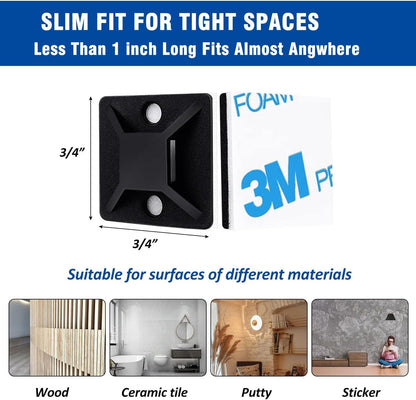 50 Set Cable Zip Tie Self Adhesive Mounts Kit with 6" Zip Ties, 3/4" Wire Holders Squares, Screws - Sticky Wire Fasteners Cable Clips Management Anchors Organizer