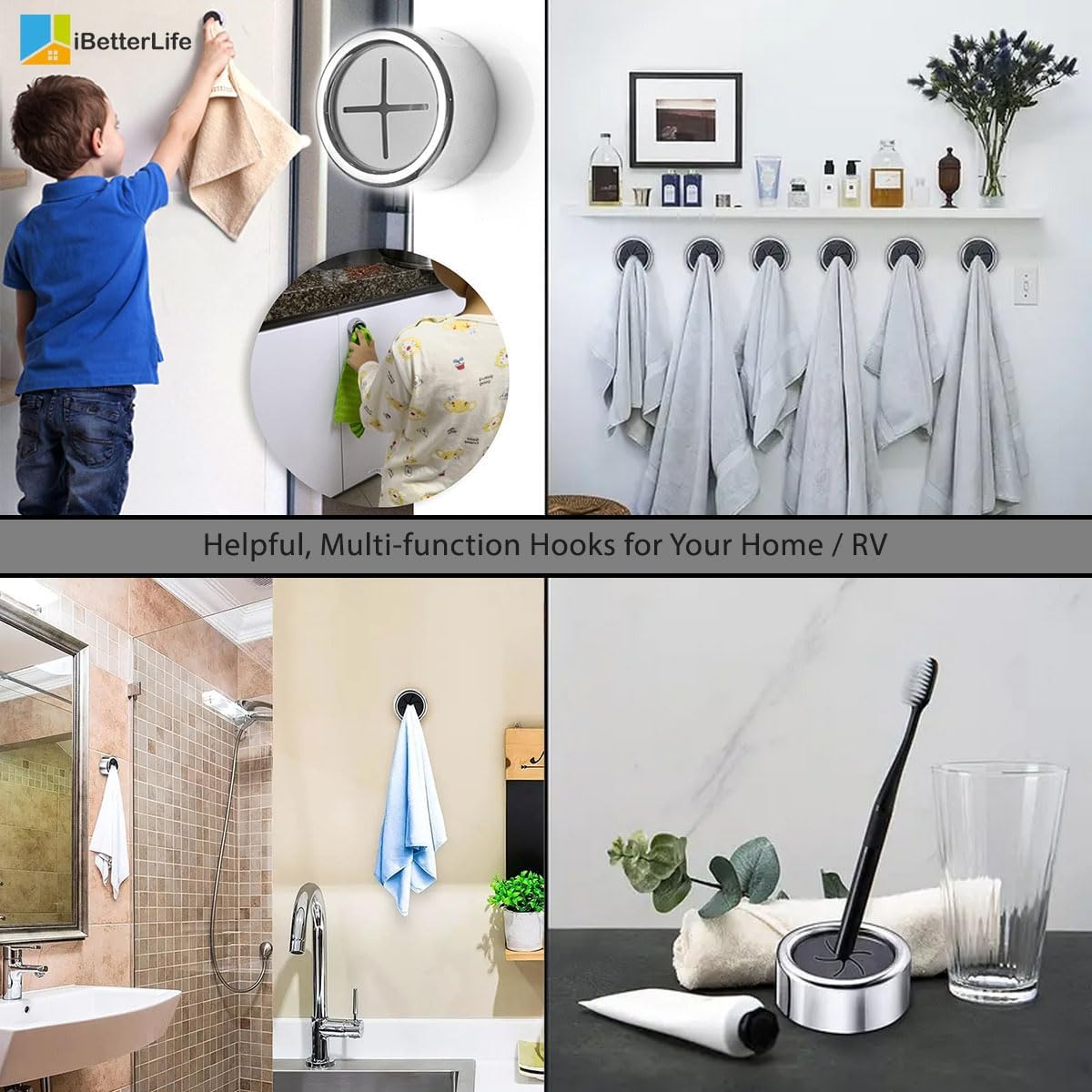 iBetterLife Adhesive Kitchen Towel Hooks - 4 Pack Dish Towel Holder for Cabinet, Push Hand Towel Hook, Dish Cloth Rag Holder for Home Bathrooms, Kitchens, Garages, RV, Within Easy Reach, Matte White