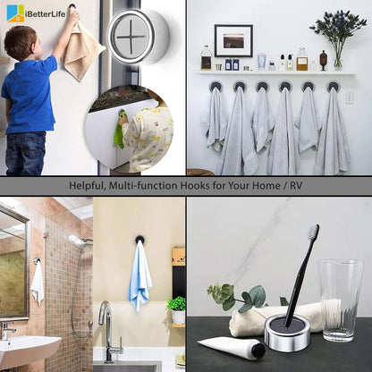 iBetterLife Adhesive Kitchen Towel Hooks - 4 Pack Dish Towel Holder for Cabinet, Push Hand Towel Hook, Dish Cloth Rag Holder for Home Bathrooms, Kitchens, Garages, RV, Within Easy Reach, Matte Black