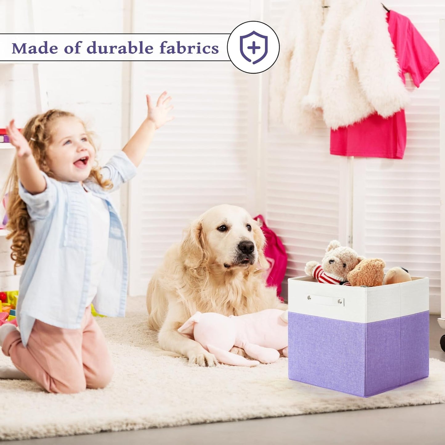 13 x 13 Inch Fine Linen Storage Bins with Handles，Fabric Cube Boxs，Collapsible Basket Organizers for Shelves for Home, Closet Drawers (White/Purple-4 Pack)