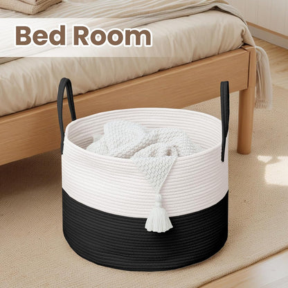 Woven Blanket Basket,65L Large Rope Storage Bin with Handles, Organizer for Blankets Toys Book and Clothes, Laundry Basket for Living Room Bedroom Nursery,White&Black