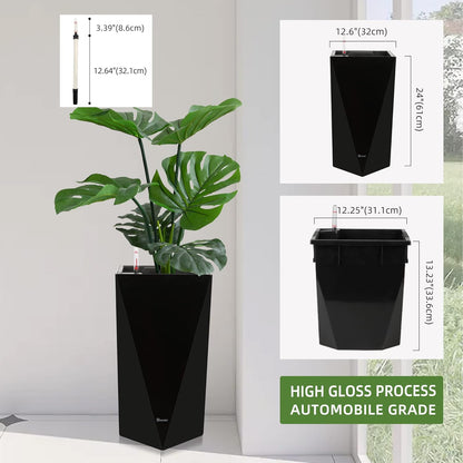 Dexceder 24 Inches Tall Self Watering Planter Diamond High Gloss Indoor Outdoor, Thickened Rhombus Large Floor Standing Flower Plant Pot with Water Level Indicator (Black)