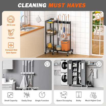 Broom Holder with Cleaning Supplies Organizer, Broom Closet Storage Cabinet with Cleaning Caddy, Cleaning Cart with Mop Hanger Gripper Rack Hooks,Janitorial Cart,Utility Carts Household Essentials