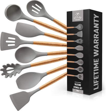 Zulay Kitchen Utensils Set Non-Stick Silicone Cooking Utensils Set with Authentic Acacia Wood Handles - 8 Piece Set - Silicone Kitchen Utensils Set with 464°F Heat Resistance - Gray