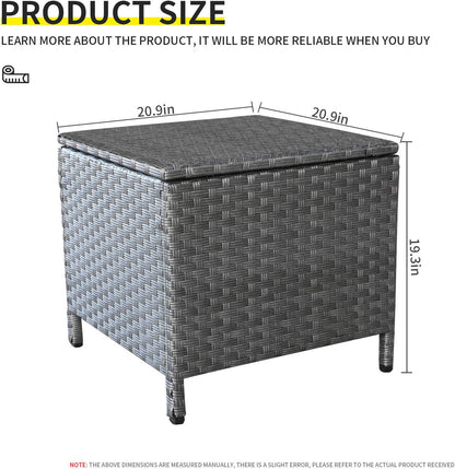 Outdoor Wicker Storage Side Table, Patio Grey PE Rattan End Table with Storage, Square Container for Furniture Covers, Toys, and Gardening Tools