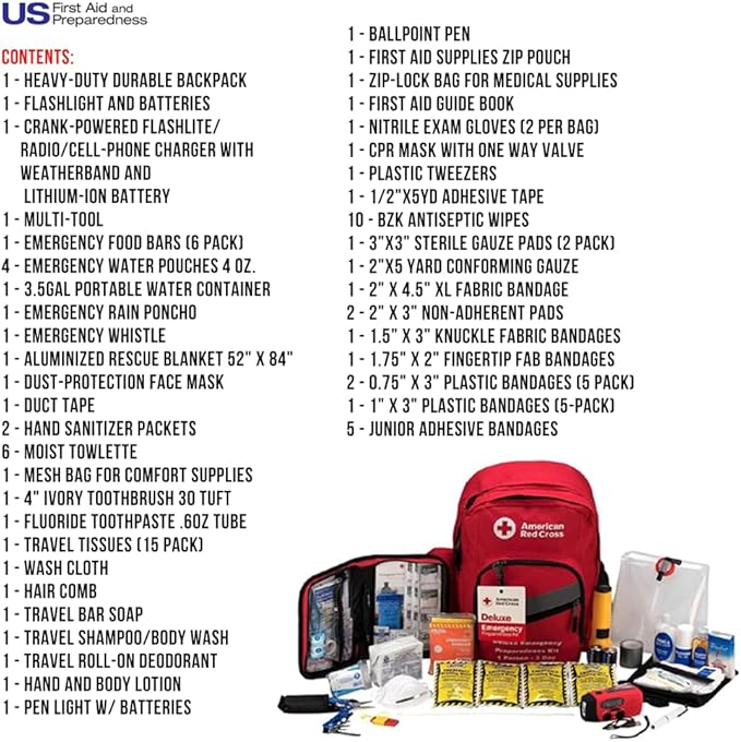 American Red Cross Officially Licensed Product | 3-Day Emergency Preparedness Deluxe Backpack | 72 Hour Survival Supplies for 1 Person | Water, Phone Charger, Blanket, Food