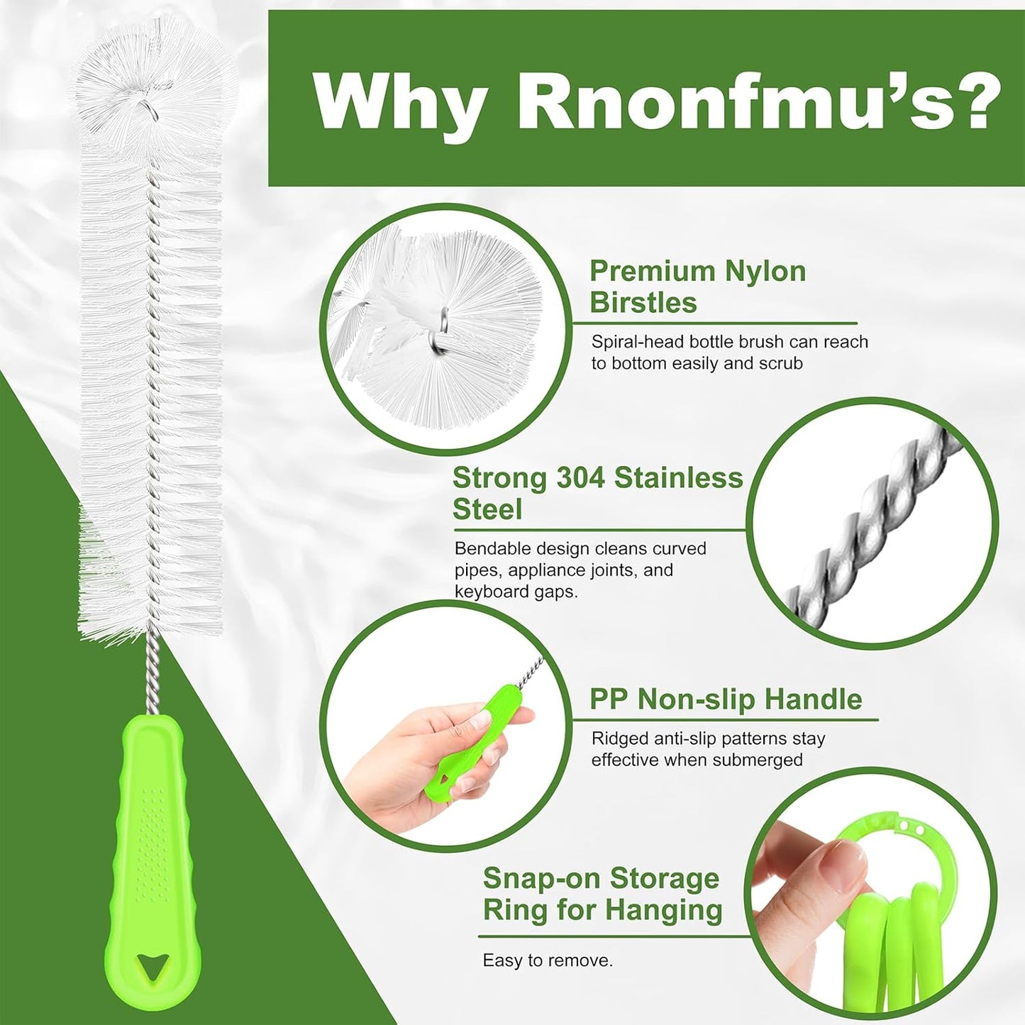 Bottle Brush Cleaner Set of 3, Long Handle Water Bottle & Straw Cleaner Brushes for Washing Tumblers, Baby Bottles, Cup Lid Cleaning Brush