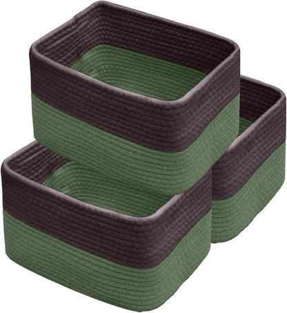 Hopegiver Woven Storage Baskets 11x8x7 Inch, 3 Pack Collapsible Cube Storage Bin for Shelves - Foldable Cotton Rope Organizer Bins for Towels, Toys, Books, Closet, Nursery (Brown Green)