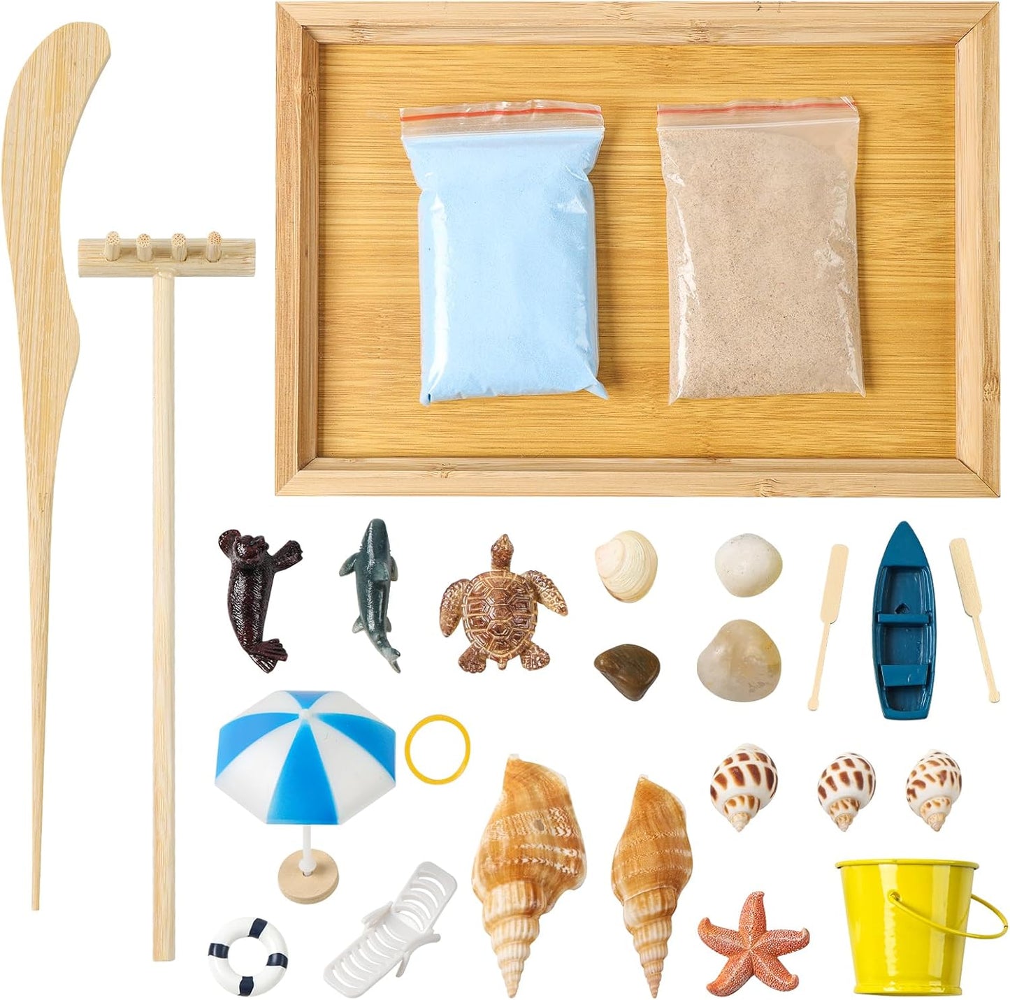 Zen Garden Kit for Desk - Premium Beautiful Japanese Mini Beach Zen Sand Garden Box Decor Set for Home, Office with Bamboo Tray, Sand, Tools, Shark, Ship - Desktop Meditation, Accessories Zen Gifts