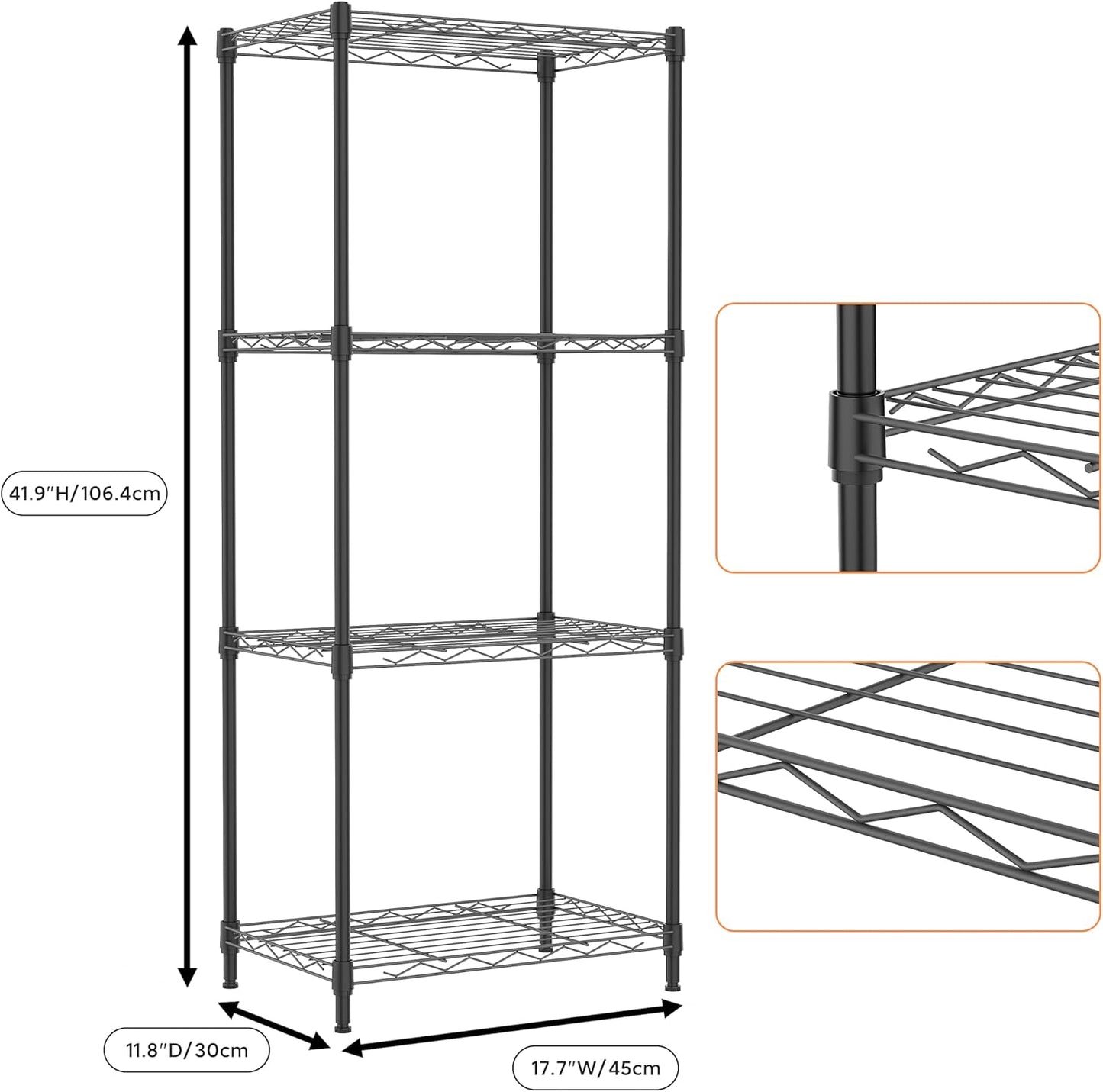 4 Tiers Shelf Metal Storage Shelves Wire Rack Closet Organizers with Wheel for Garage Kitchen Bathroom Laundry Black 11.8" D x 17.7" W x 41.9" H