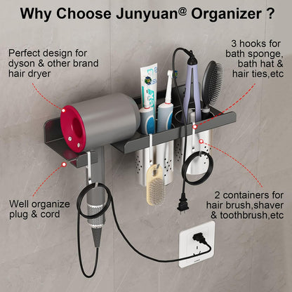 junyuan Hair Tool Organizer Wall Mount,Self Adhesive Hair Dryer Holder for Bedroom & Bathroom,Blow Dryer Holder for Dyson Hair Dryer,Stainless Steel Cups for Medium or Small Bathroom Storage 4" Width
