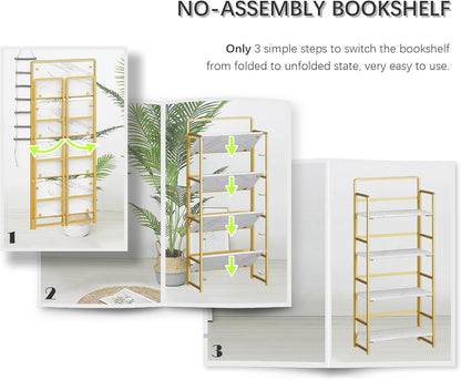 4NM No Assembly Foldable Bookshelf, 4-Shelf Collapsible Bookcase Storage for Small Spaces, 54" H, White and Golden