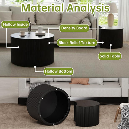 Round Nesting Coffee Table Modern Black Fluted Coffee Table Set of 2 Stripe Round Coffee Tables Drum Crescent Side Table Accent End Table for Living Room (Black B Large)