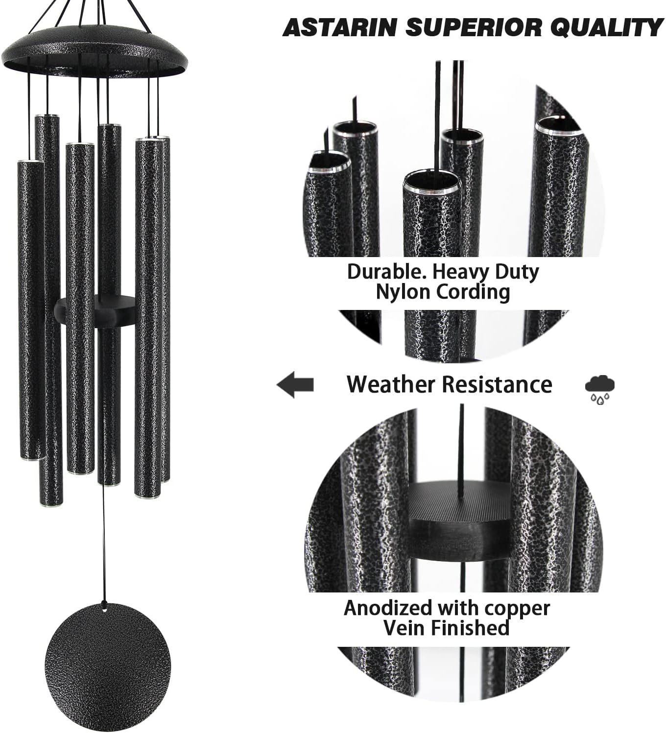 Sympathy Memorial Wind Chimes, 36' with 6 Metal Tubes, Outdoor Deep Tone for Garden, Christmas Hanging Decor - Black Grey