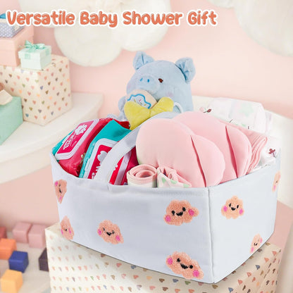 Baby Diaper Caddy Organizer with Handle - Durable Canvas Storage Basket with Cloud Embroidery, Portable Nursery Organizer for Newborn Essentials, Diaper Travel Bag, Baby Shower Basket-Pink