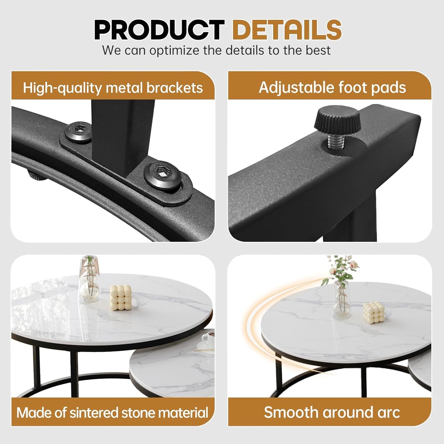 Round Nesting Coffee Table, White Modern Decorative Coffee Center Table Set of 2,Round Sintered Stone 24'' Coffee Table for Living Room with Sturdy Metal Frame.