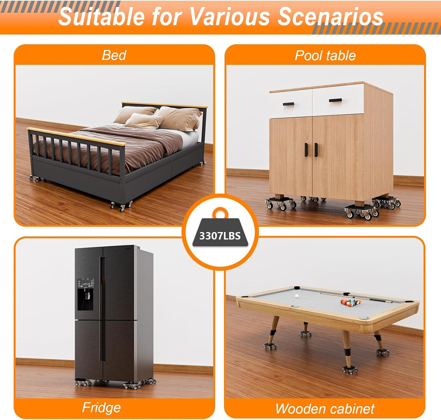 Furniture Dolly 5 Wheels Heavy Duty with Removable Side Guards,3307 Lbs Capacity,360° Rotating Wheels & Tail Brake,Furniture Movers Lifter Tool for Sofas,Beds, Appliances,–Stable,Safe,and Easy to Use