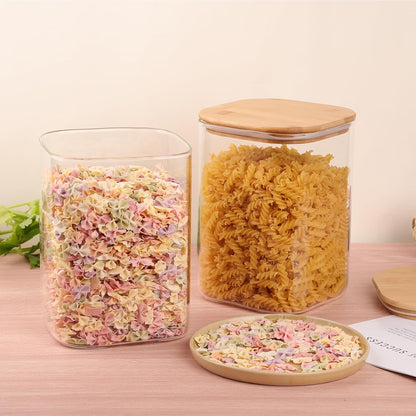 Glass Food Storage Jars 150 Set of 2,Glass Storage Containers Clear Glass Food Canister with Bamboo Lid Airtight For Serving Tea, Coffee, Flour, Sugar, Candy, Cookie, Spice and More (Square)