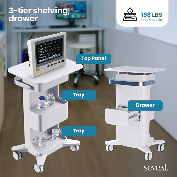 Professional Medical Cart with Wheels and Drawers, 3 Tier Rolling Utility Cart, 198 lbs Capacity, Portable Medical Trolley for Home, Spa, Hospital, Office, Clinic (Pure White)